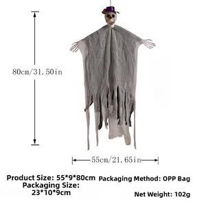 Détail du fantôme d'Halloween à suspendre avec chapeau violet et dimensions 80x55 cm