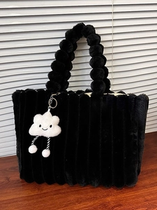 Women Fashionable Plush Tote Bag Vertical Stripe Faux Fur Handbag With Cute Cloud Charm Stylish Daily Use Shoulder Bag