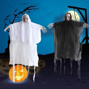 Scary Halloween hanging ghost set with skull faces and skeleton hands for spooky decor