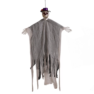 Décoration de fantôme Halloween suspendu avec chapeau violet et gaze grise