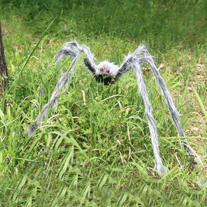 Detailed close-up of large plush Halloween spider with red eyes on garden grass