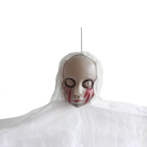 Detailed view of scary Halloween hanging ghost with bloody eyes and white mesh veil