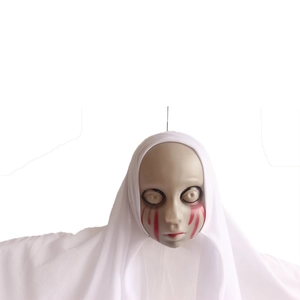 Scary Halloween hanging doll with bleeding red eyes and white translucent ghost robes
