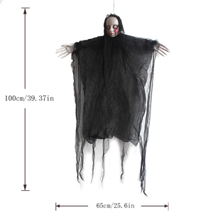 Creepy Halloween ghost hanging prop with bloody eye details and black mesh fabric, 100cm height