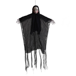 Close-up of hanging Halloween ghost doll with blood-tears face and black mesh robe
