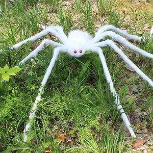 Detailed macro view of large white plush spider with red eyes on green grass