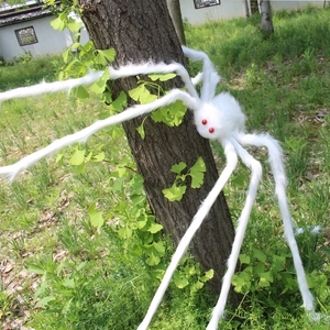 Large white plush spider prop with red eyes for Halloween party and haunted house decoration