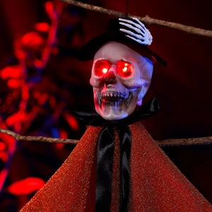 Κρεμαστό φάντασμα σκελετός Halloween με κόκκινα μάτια και πορτοκαλί κάπα με γκλίτερ