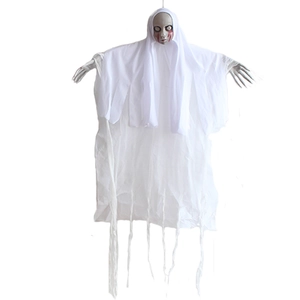 Hanging Halloween ghost decoration with bloody face and long skeletal arms for haunted houses
