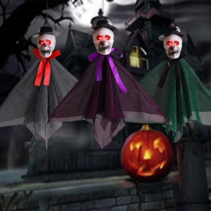 Σετ τριών κρεμαστών σκελετών Halloween με κόκκινα LED μάτια και ύφασμα με γκλίτερ δίχτυ