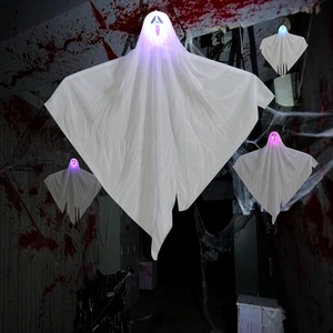 Close-up of hanging white ghost ornament with multi-color LED lights and scary face