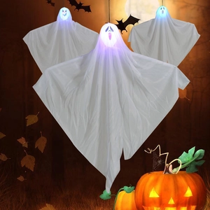 Three glowing Halloween ghost hanging decorations with LED lights for spooky outdoor decor