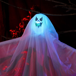 Hanging glowing white ghost decoration for Halloween with blue LED light and spooky face