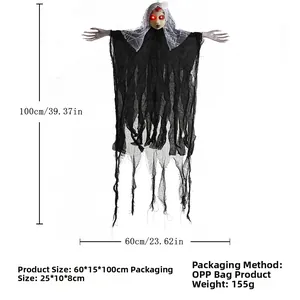 Hanging Halloween zombie bride with glowing red eyes and black tattered gauze dress