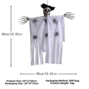 Detail of hanging Halloween skeleton ghost with white shroud and poseable limbs 60x60cm