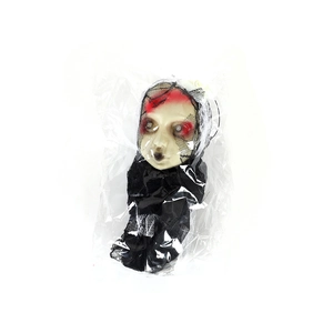 Close-up of Halloween hanging ghost doll with bloody face and black mesh shroud in plastic
