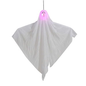 Hanging Halloween white ghost decoration with glowing purple LED light and scary face