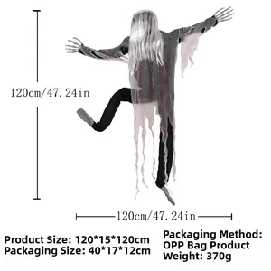 Halloween hanging skeleton ghost prop with tattered robes measuring 120x120cm for decor