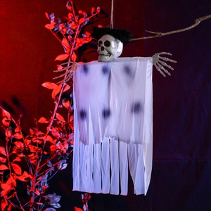 Hanging Halloween skeleton ghost decoration with white fabric and red-blue lighting