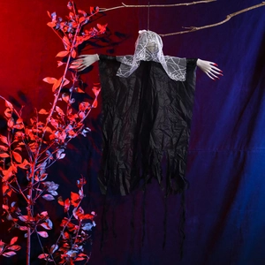 Halloween hanging ghost with glowing skull lace veil and long red nails for haunted houses