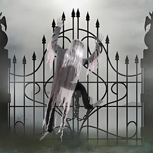 Creepy Halloween climbing ghost with long hair and skeletal hands on a black gate