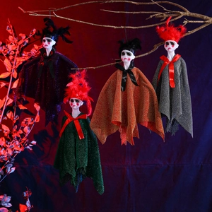 Set of four spooky Halloween hanging ghosts with colorful capes and feather hair details