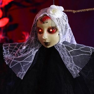 Hanging Halloween ghost with glowing red eyes and lace veil for spooky party decor