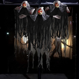 Three glowing Halloween ghosts with red LED eyes and black tattered robes for spooky decor