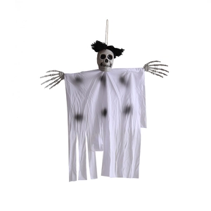 Hanging Halloween skeleton ghost decoration with white robe and black messy hair