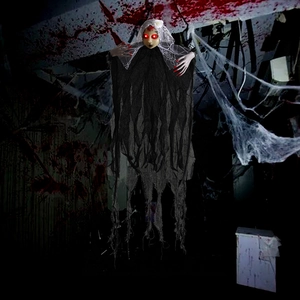 Hanging Halloween ghost bride with glowing red LED eyes and black tattered mesh robe