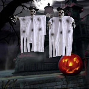 Hanging Halloween skeleton ghosts with tattered white robes for haunted house decor