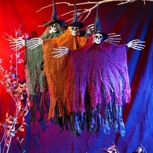 Three-piece hanging skeleton ghosts with wizard hats and colored mesh for Halloween