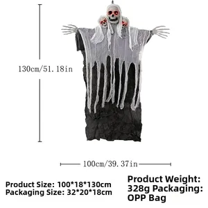 Three-headed glowing skull ghost hanging prop measuring 100x130cm with tattered mesh fabric