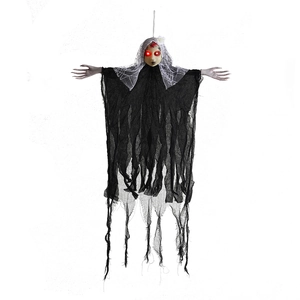 Halloween Hanging Glowing Ghost Bride Decoration With LED Red Eyes Lace Veil Black Tattered Robe For Haunted House Party Decor Props