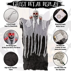 Three-headed hanging ghost with LED glowing eyes and sound sensor for Halloween decor