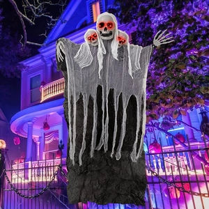 Halloween hanging prop with three glowing skulls and torn white gauze for spooky decor