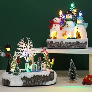 Christmas Village House Ornament With LED Light And Music Resin Miniature Snowman Landscape Festive Desktop Decor Gift