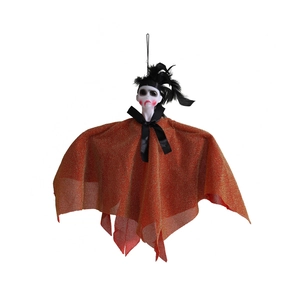 Hanging Halloween ghost decoration with orange glitter body and black feather hair detail