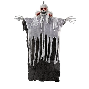 Halloween hanging ghost with three glowing red eye skulls and tattered white fabric