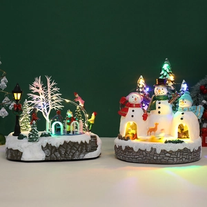 LED Christmas resin house and snowman figurines with colorful festive light decorations