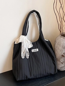 Women's Crinkled Pleated Tote Bag With Lace Bow Love Label Large Capacity Fashion Casual Fabric Shoulder Handbag