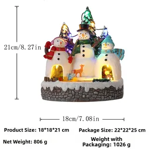 Close-up of lighted Christmas resin snowmen scene with size dimensions and details