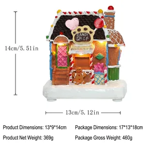 Detailed view of LED gingerbread candy shop with dimensions 13x9x14cm and resin details