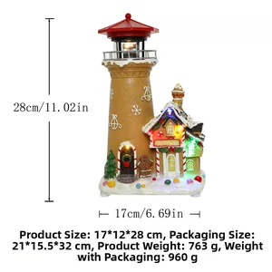 Detailed size view of LED Christmas lighthouse candy shop with dimensions 17x12x28cm