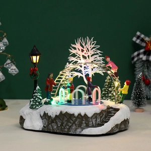 Luminous Christmas miniature house with LED tree and figures on snowy base decoration