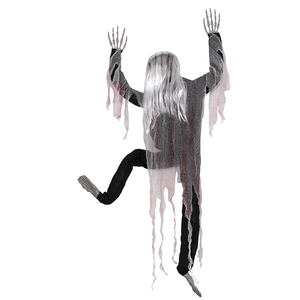 Climbing ghost Halloween decoration with silver hair and tattered robes for wall or window