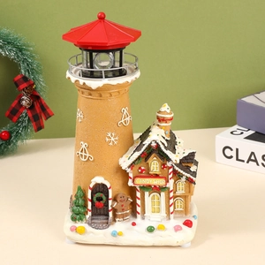 Lighted musical Christmas snow house resin ornament with candy shop and lighthouse