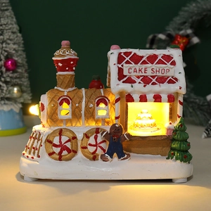 Lighted musical Christmas train cake shop ornament with warm LED and gingerbread details