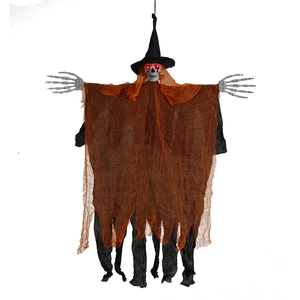 Hanging Halloween ghost with glowing red eyes, black wizard hat and tattered orange gauze