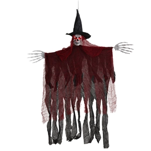 Hanging Halloween ghost with glowing red eyes and black witch hat on white background
